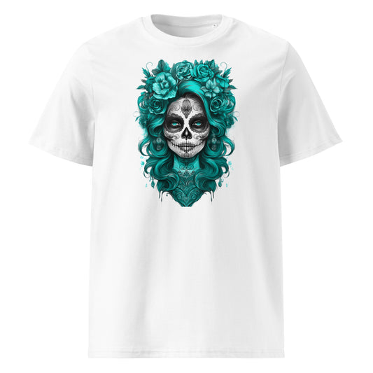 Front view of Lady Mexico Tee featuring a teal-haired sugar skull with orange face inspired by Mercedes AMG F1 team colours.
