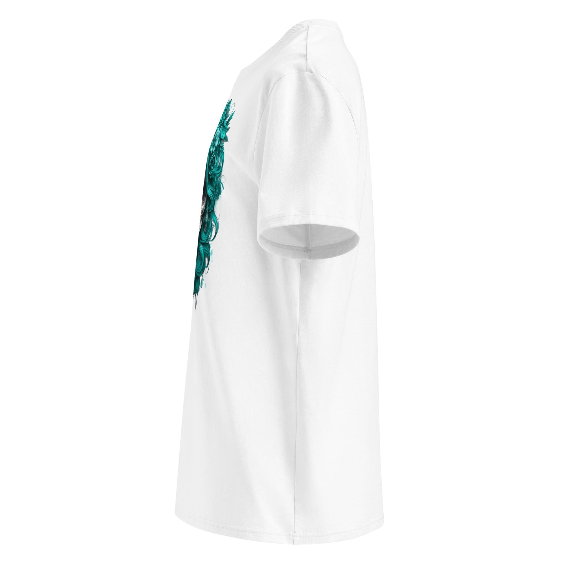 Left side view of Lady Mexico Tee highlighting vibrant teal hair and floral crown artwork.