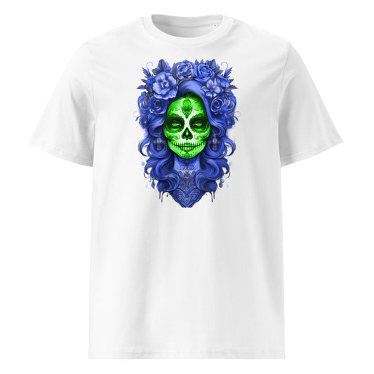 Front view of Lady Mexico Tee featuring blue hair and a green sugar skull, inspired by Racing Bulls (Red Bull Racing) F1 team colours.