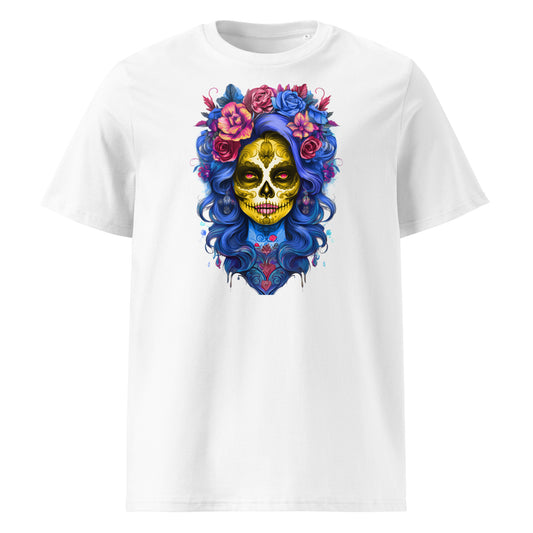 Front view of Lady Mexico Tee featuring blue hair, a yellow sugar skull, and red/blue floral crown inspired by Red Bull Racing F1 team colours.