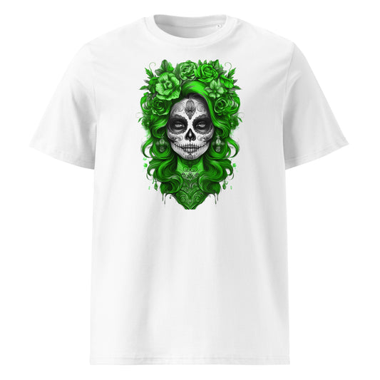 Front view of Lady Mexico Tee featuring a green-haired, black and white sugar skull inspired by Stake Sauber F1 team colours.
