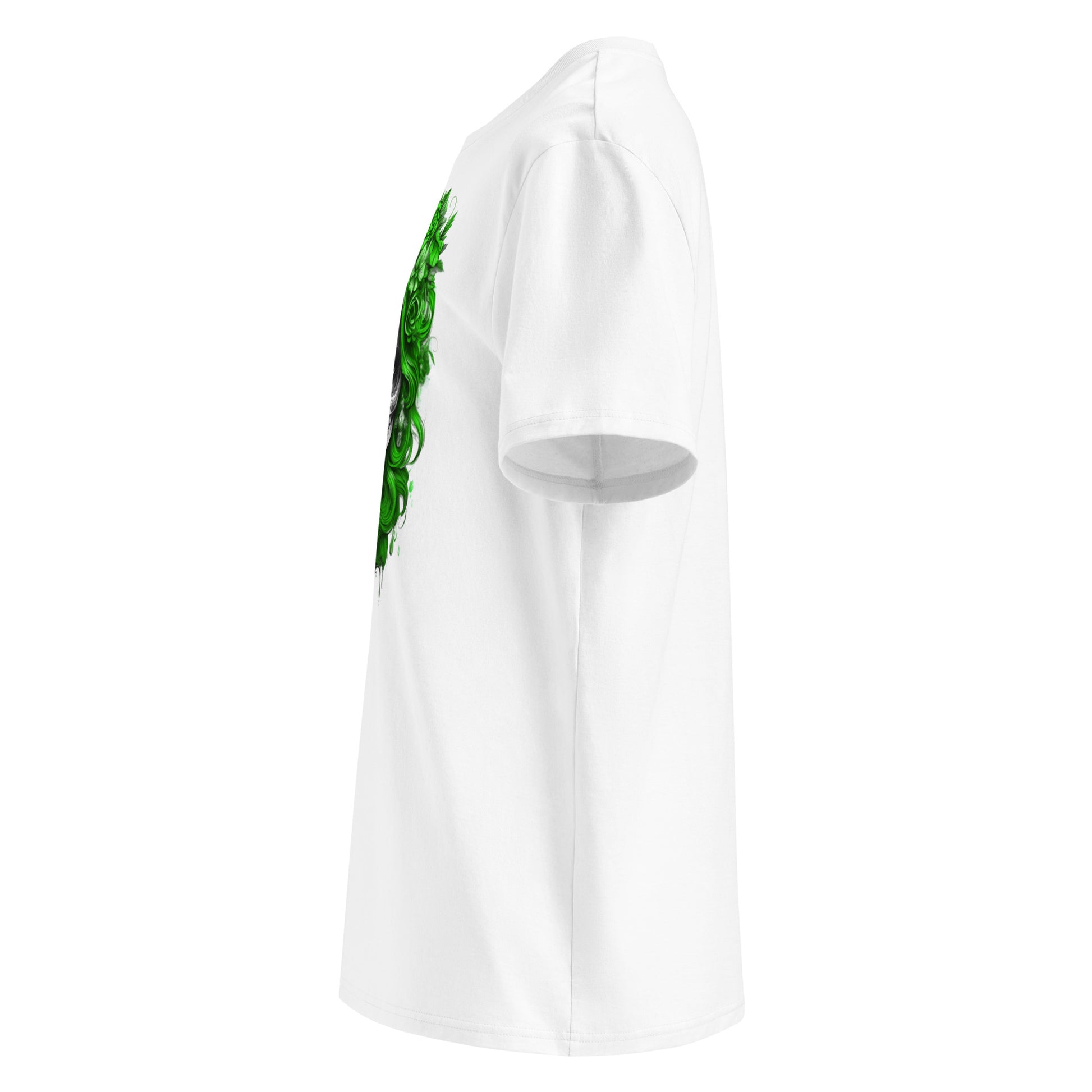 Left side view of Lady Mexico Tee showing the Day of the Dead skull and green hair details.