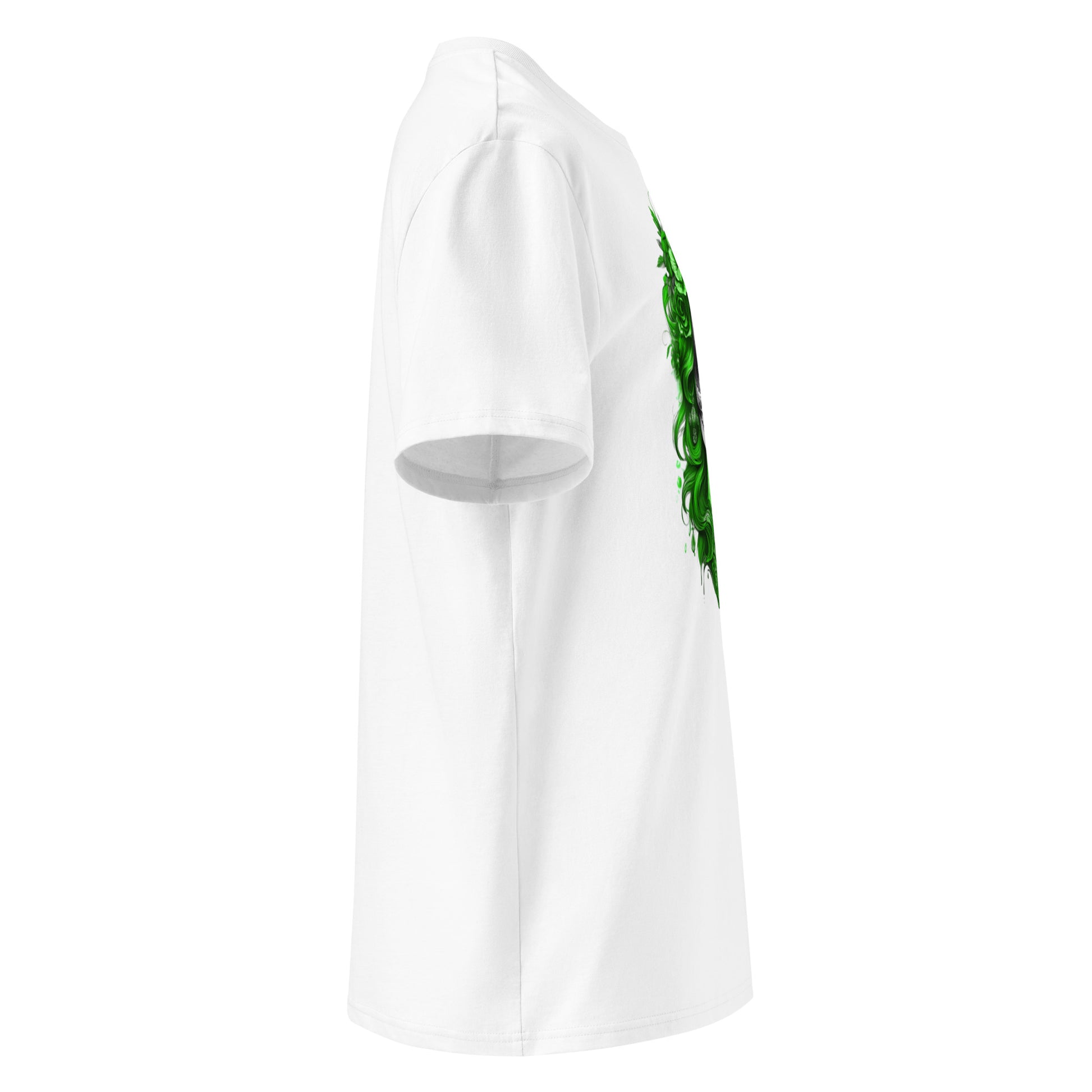 Right side angle of Lady Mexico Tee with visible sleeve logo and green floral skull design.