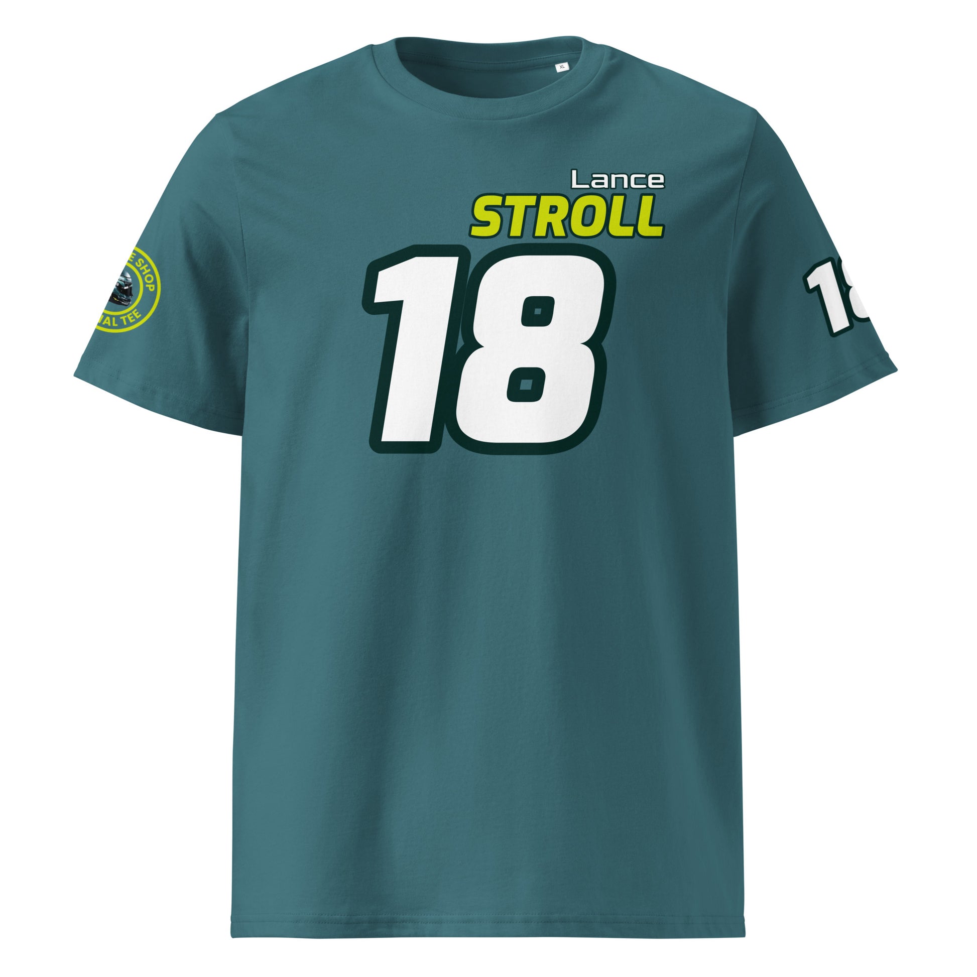 View the front of the green Lance Stroll T-Shirt, featuring "Lance Stroll" and the number "18" in white and yellow. Perfect for F1 fans and petrol heads.