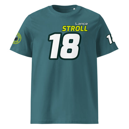 View the front of the green Lance Stroll T-Shirt, featuring "Lance Stroll" and the number "18" in white and yellow. Perfect for F1 fans and petrol heads.