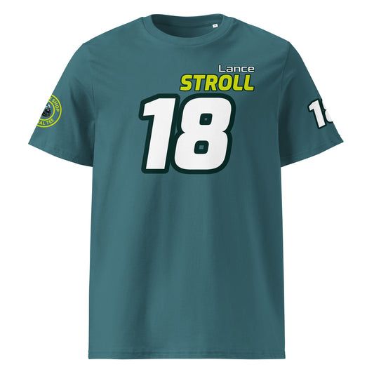 View the front of the green Lance Stroll T-Shirt, featuring "Lance Stroll" and the number "18" in white and yellow. Perfect for F1 fans and petrol heads.