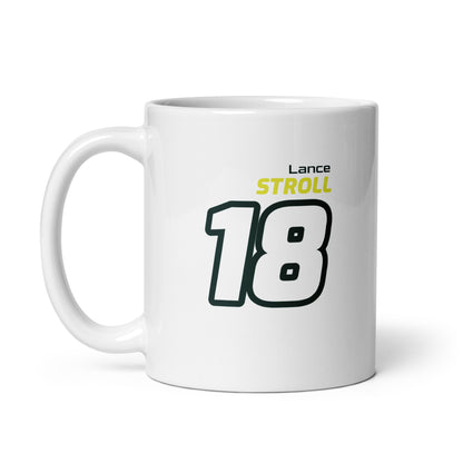 The Lance Stroll Racing Mug featuring Lance's name and number "18" in vibrant Aston Martin team colours. Ideal for enjoying a brew while watching the Grand Prix.