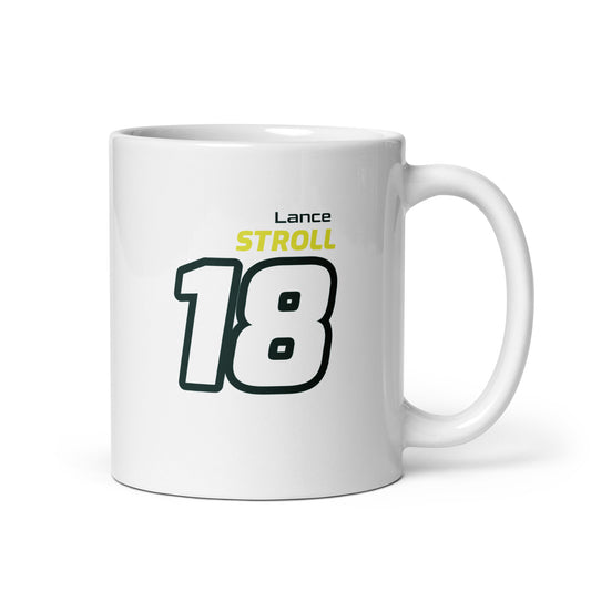 The Lance Stroll Racing Mug showcasing Lance's name and number "18" in bold Aston Martin team colours of yellow and black. Perfect for motorsport fans and collectors.