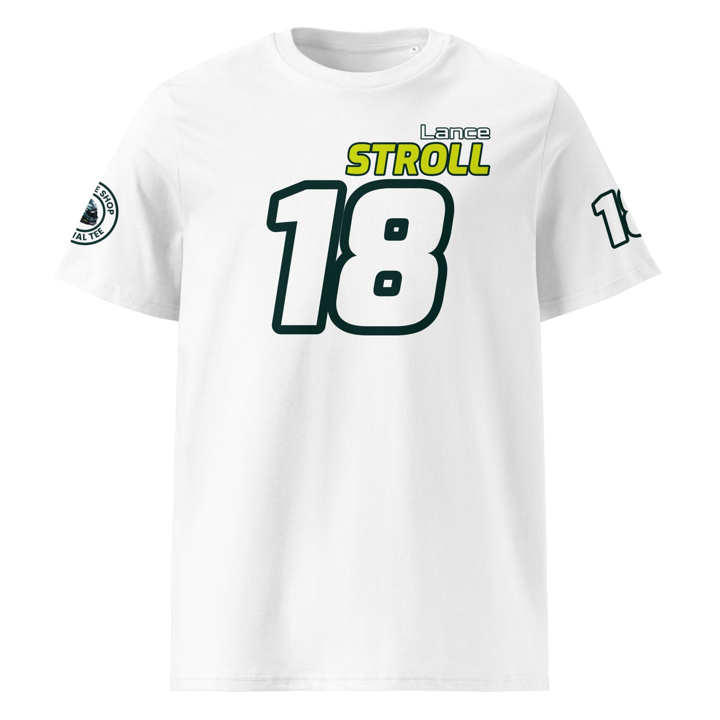 View the front of the white Lance Stroll T-Shirt, featuring "Lance Stroll" and the number "18" in white and yellow. Perfect for F1 fans and petrol heads.