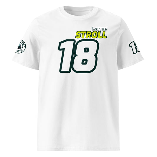 View the front of the white Lance Stroll T-Shirt, featuring "Lance Stroll" and the number "18" in white and yellow. Perfect for F1 fans and petrol heads.