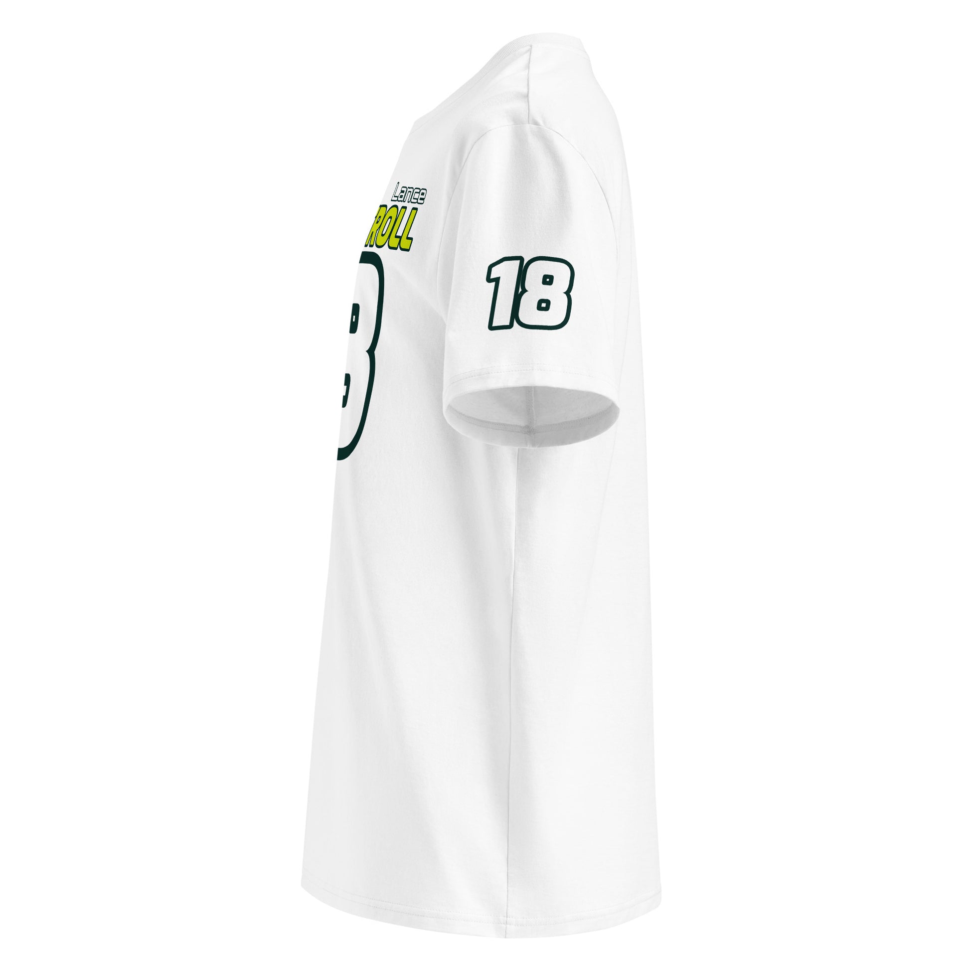 See the left sleeve of the white Lance Stroll T-Shirt, featuring the number "18". Ideal for car meets and shows.
