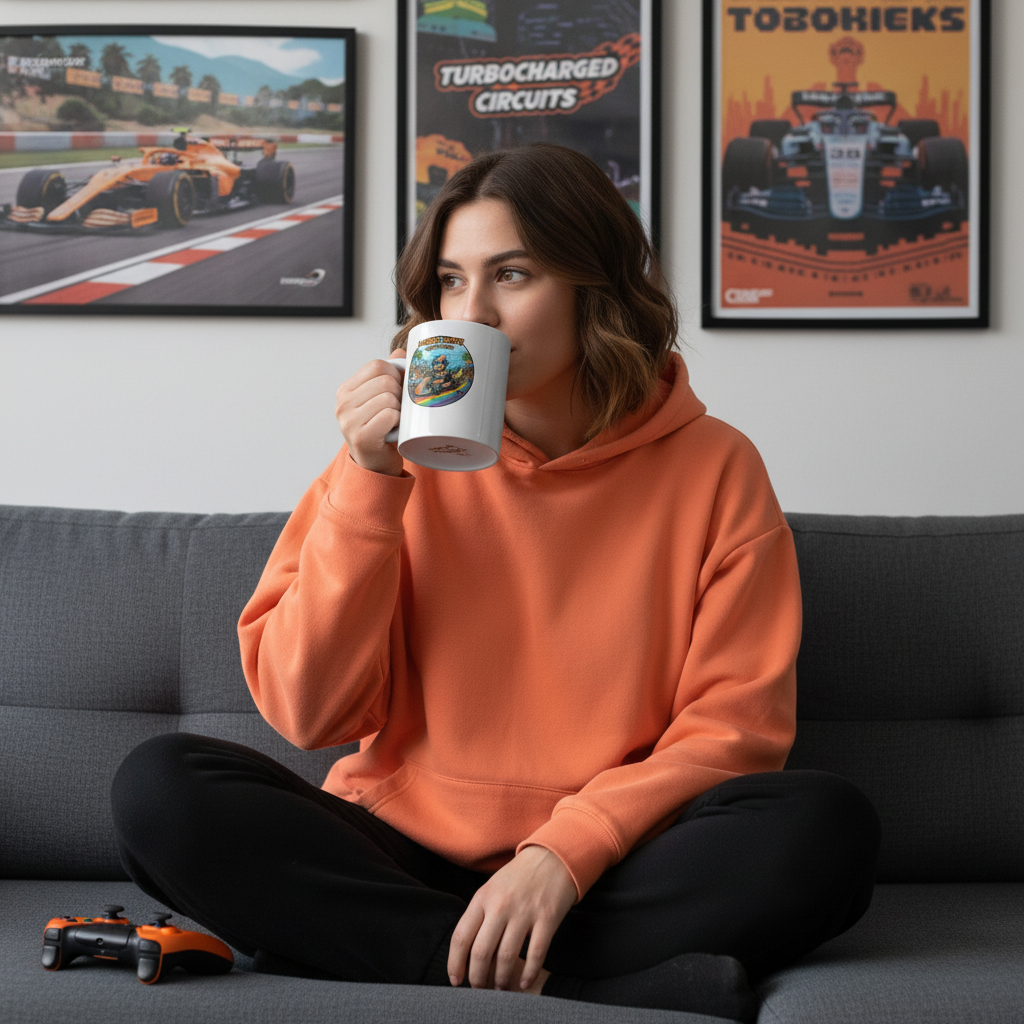 Female fan in casual papaya or McLaren-style outfit sipping from the Lando Kart Banana Boost Mug while sitting on a sofa with a game controller and racing posters in the background.