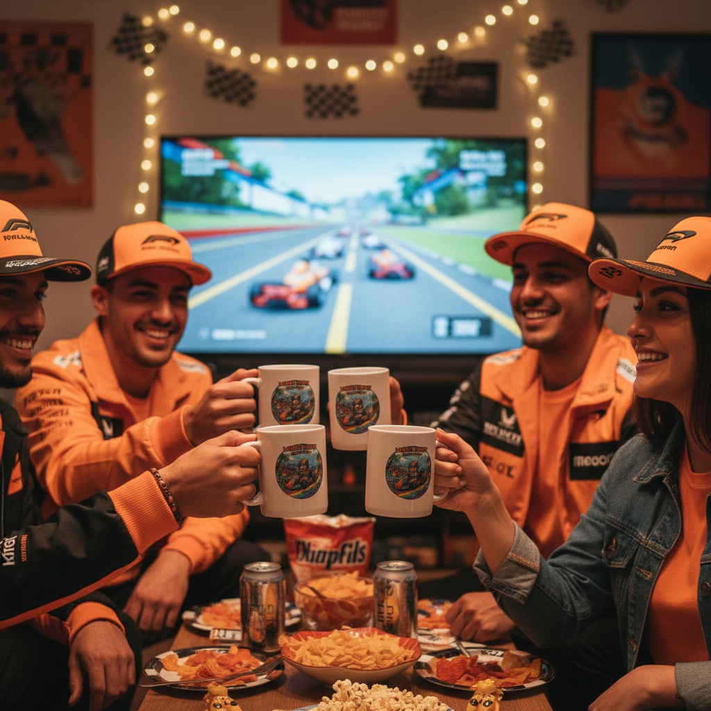 Group of F1 and gaming fans in papaya or casual racing apparel, all holding Lando Kart Banana Boost Mugs at a lively watch party with snacks, a big screen showing a racing or kart game, and fun racing decor.