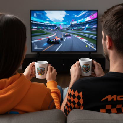 F1 fan couple in papaya or McLaren-inspired clothing, each holding a Lando Kart Banana Boost Mug, sitting together with game controllers and a racing game on the TV.