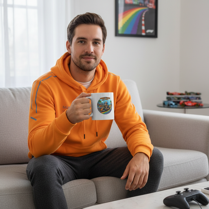 Male F1 fan in papaya or McLaren-inspired clothing holding the Lando Kart Banana Boost Mug with cartoon kart and rainbow track in a living room with subtle gaming and racing decor.