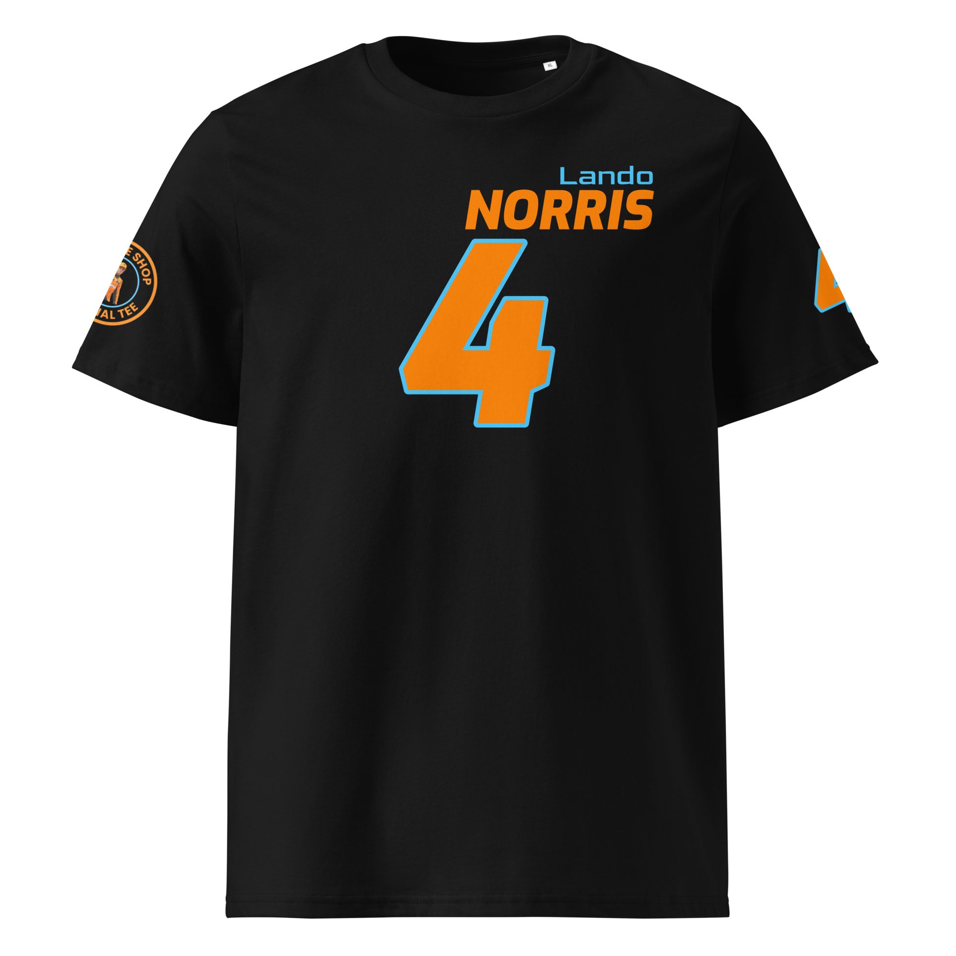 View the front of the black Lando Norris T-Shirt, featuring "Lando Norris" and the number "4" in orange and blue. Perfect for F1 fans and petrol heads.