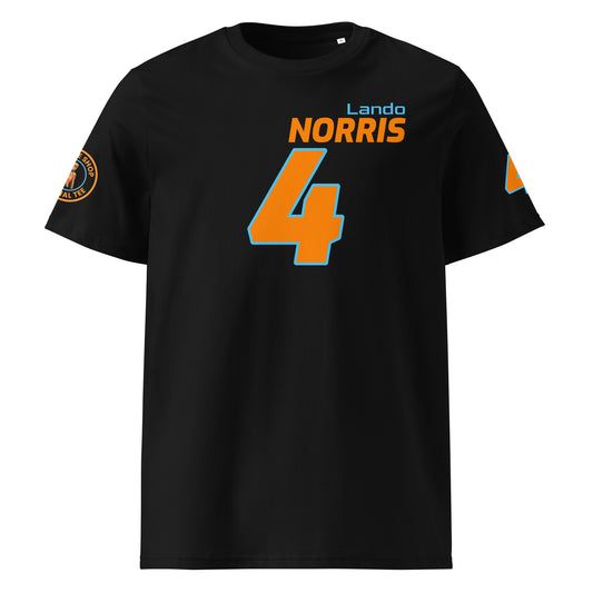 View the front of the black Lando Norris T-Shirt, featuring "Lando Norris" and the number "4" in orange and blue. Perfect for F1 fans and petrol heads.