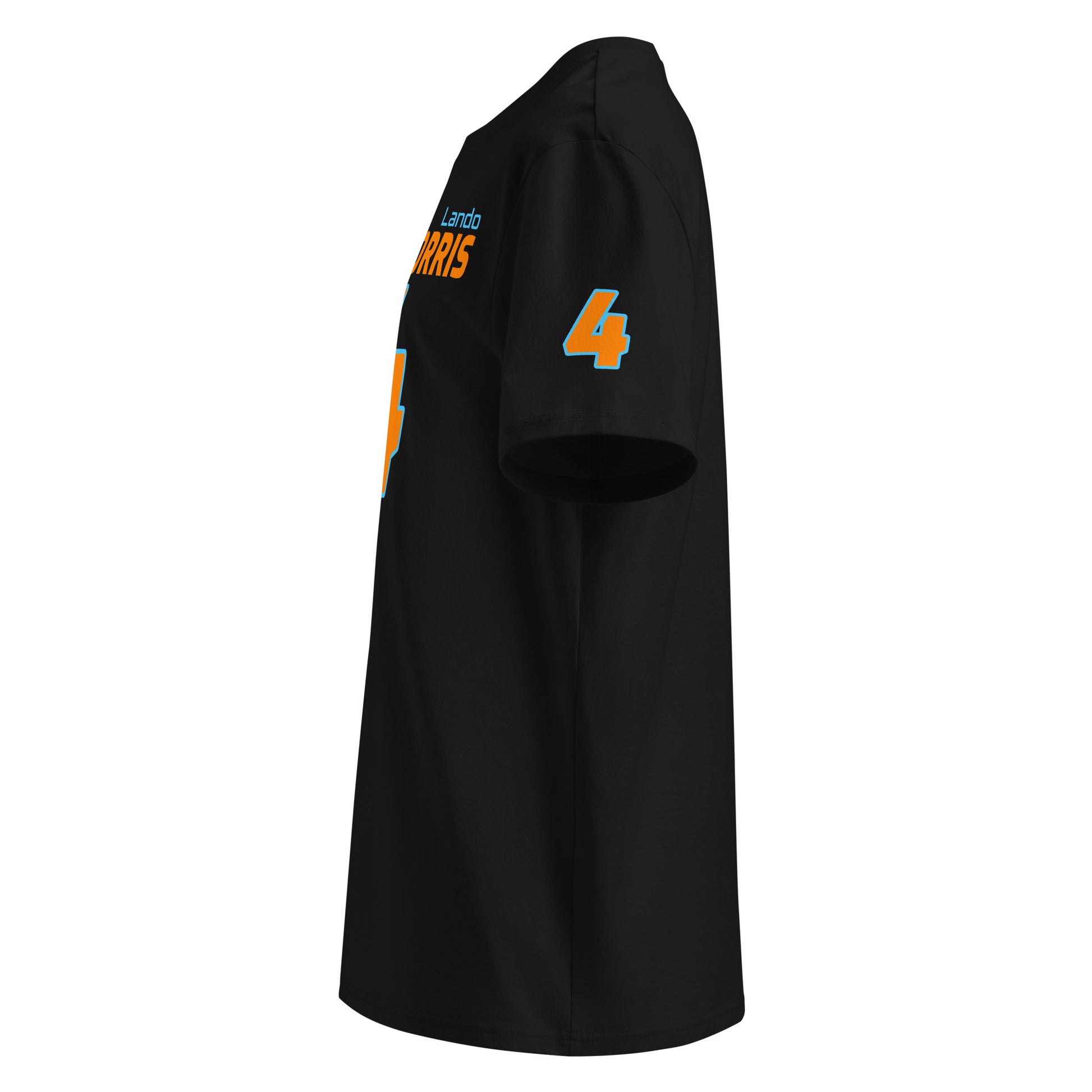 See the left sleeve of the black Lando Norris T-Shirt, featuring additional logos or designs. Ideal for car meets and shows.