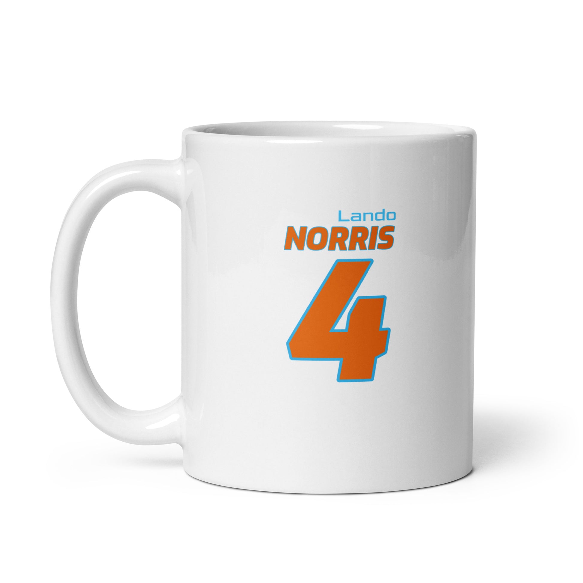 The Lando Norris Racing Mug featuring Lando's name and number "4" in vibrant McLaren team colours. Ideal for enjoying a brew while watching the Grand Prix.