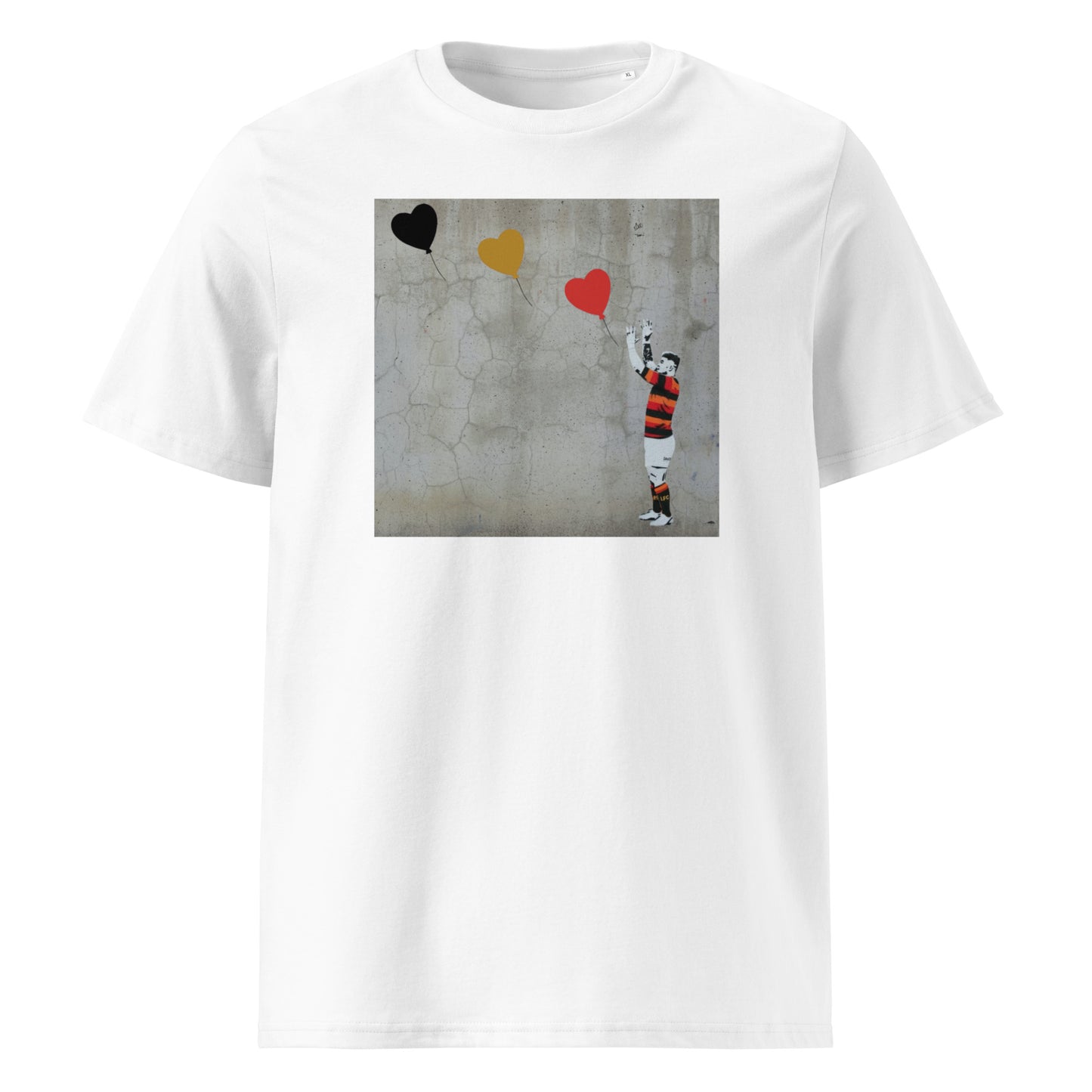 White unisex organic cotton t‑shirt with street-art style print of a Lansdowne RFC rugby player reaching up to three heart balloons in black, gold and red.