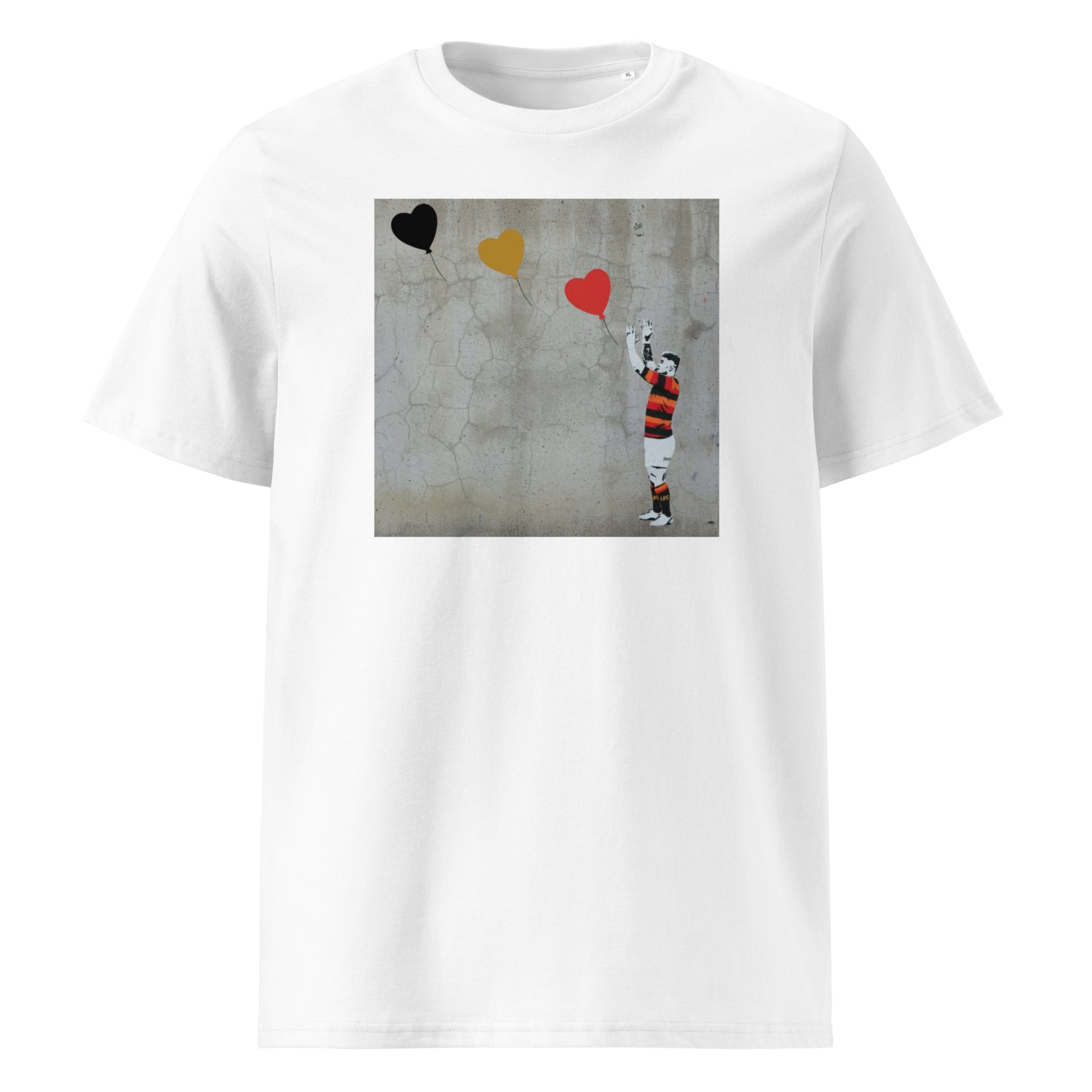 White unisex organic cotton t‑shirt with street-art style print of a Lansdowne RFC rugby player reaching up to three heart balloons in black, gold and red.