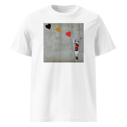 White unisex organic cotton t‑shirt with street-art style print of a Lansdowne RFC rugby player reaching up to three heart balloons in black, gold and red.