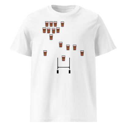 White Lansdowne rugby t-shirt featuring red, yellow and black striped pint glasses arranged in a rugby team formation above rugby posts.