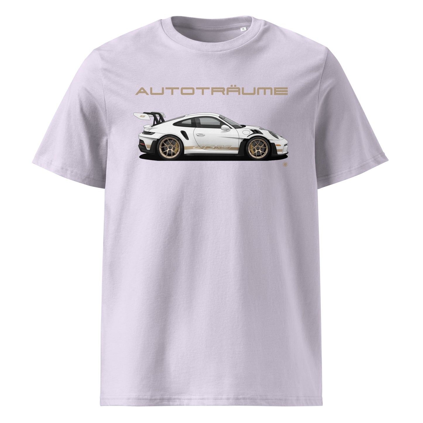 Lavender AUTOTRÄUME GT3 RS Porsche T-Shirt with Gold Detail – Front View