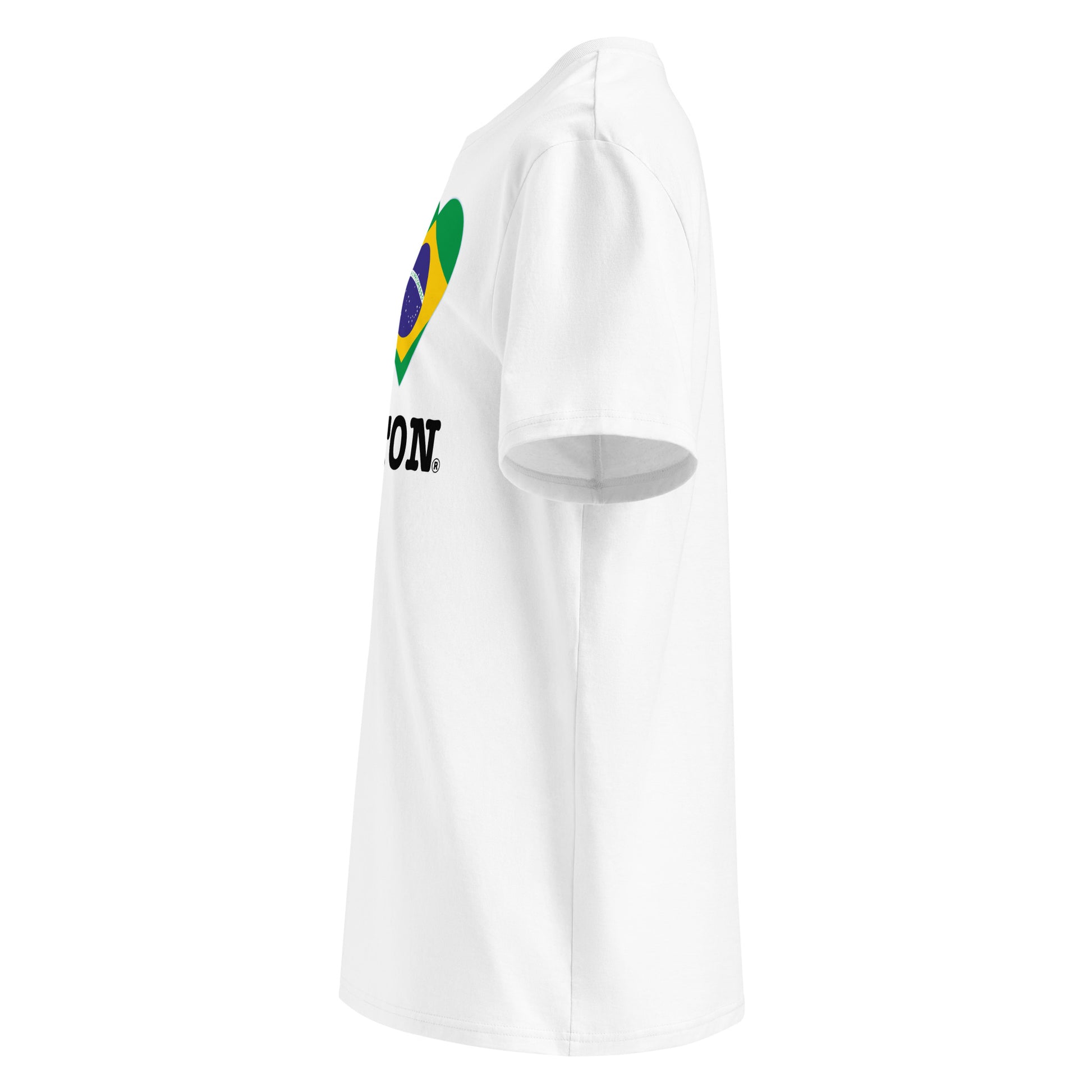 Left angle of the tee with iconic Ayrton print and Brazilian flag heart. Designed for F1 passion.