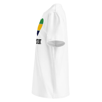 Left angle of the tee with colourful heart and bold Ayrton print. Designed for motorsport passion.