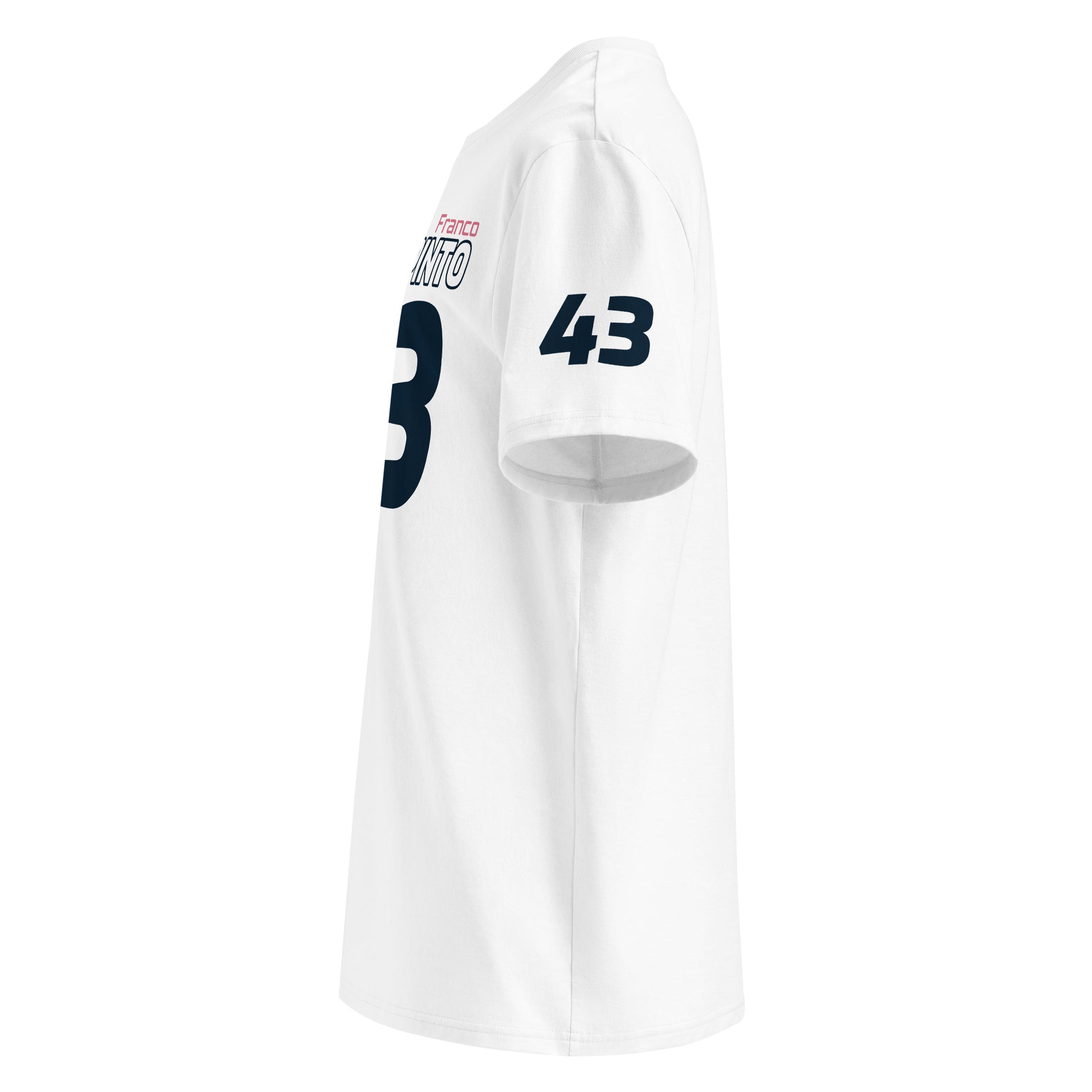 View the left sleeve of our Franco Colapinto Driver White T-Shirt, showcasing the number "43."