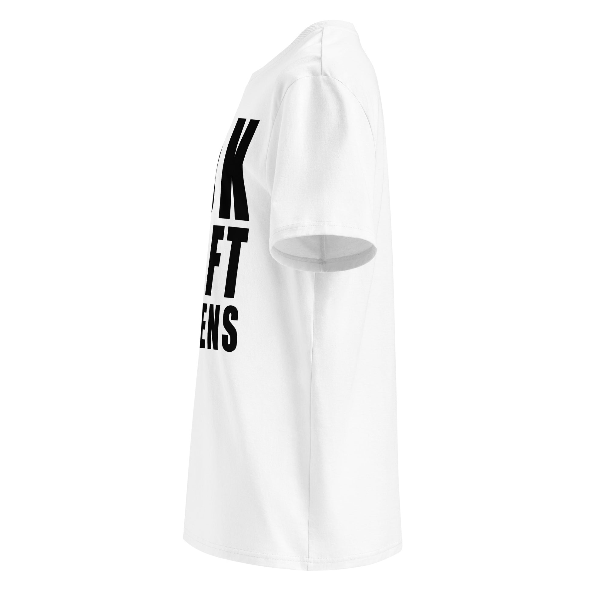 Side view showcasing the clean white design of the t-shirt.