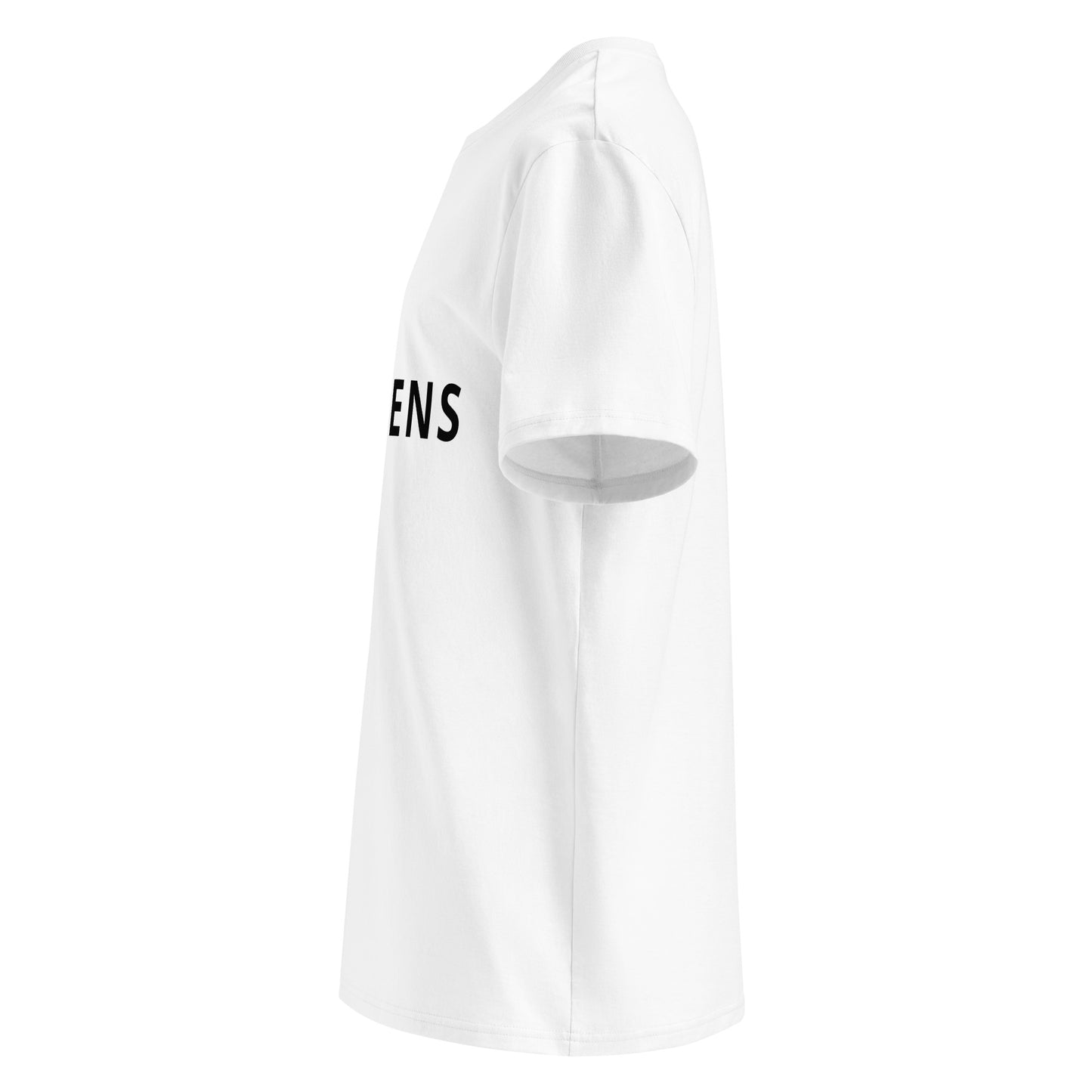 Side view showcasing the clean white design of the t-shirt.