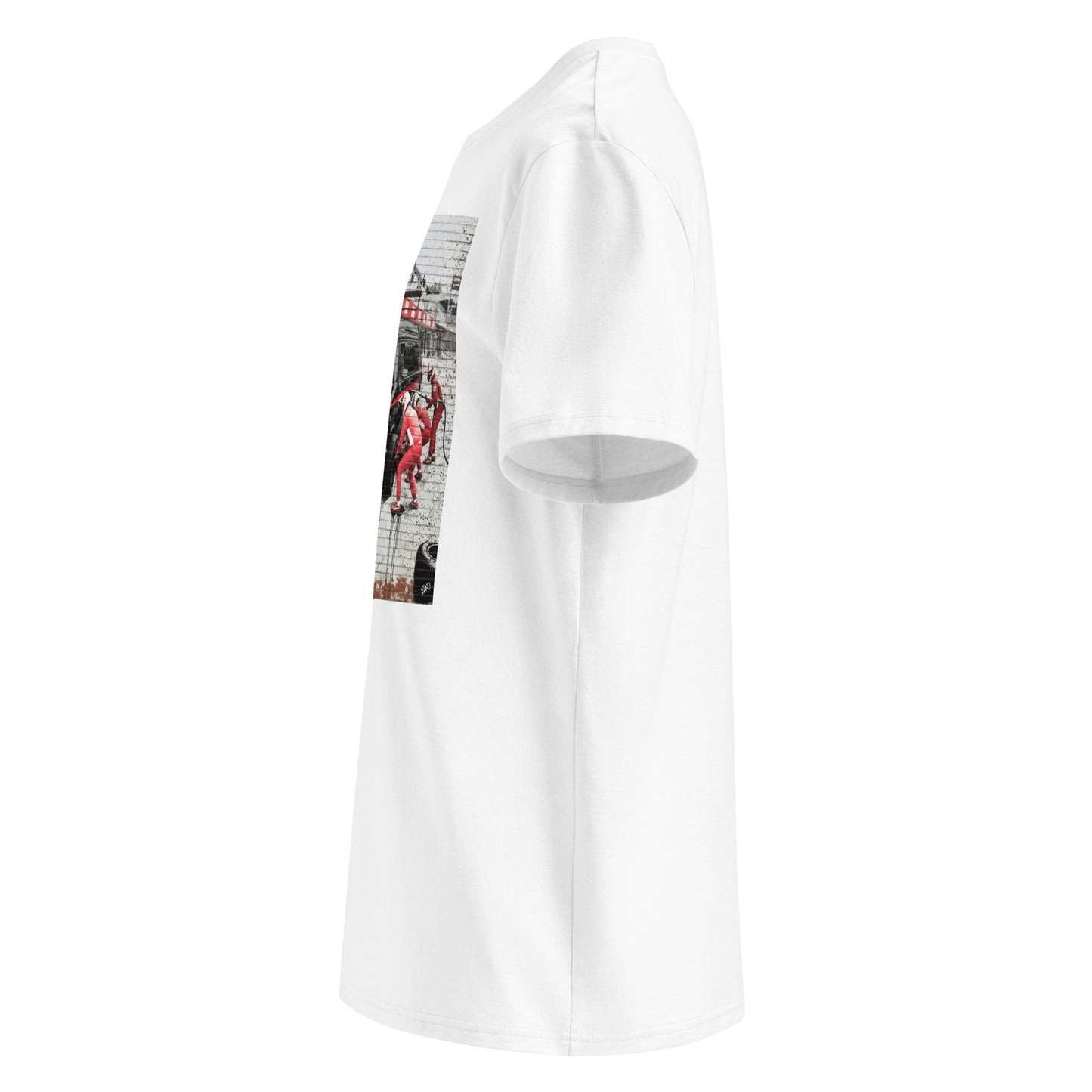 Left side mock up view of Plan B-Team Pitstop Graffiti white car T-Shirt