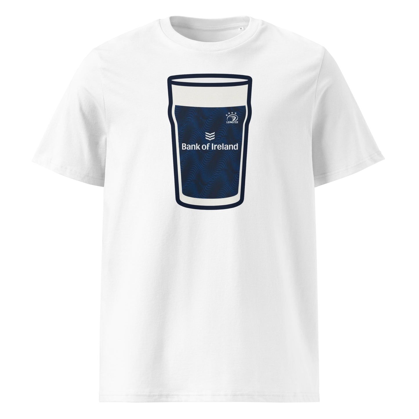 White Leinster Europe Mega Pint Rugby T-Shirt with dark navy textured pint glass graphic, Leinster crest and Bank of Ireland text.