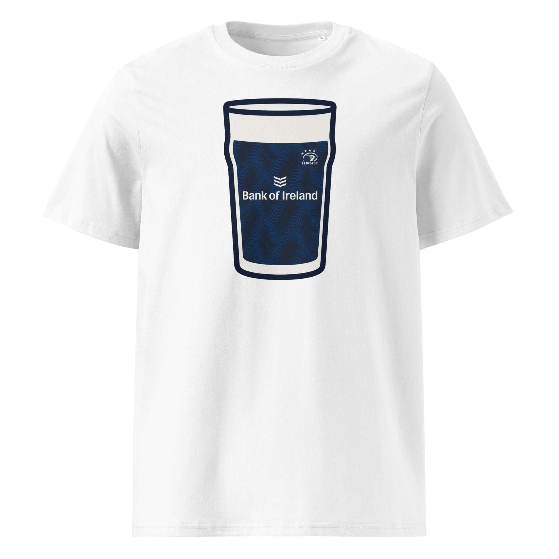 White Leinster Europe Mega Pint Rugby T-Shirt with dark navy textured pint glass graphic, Leinster crest and Bank of Ireland text.