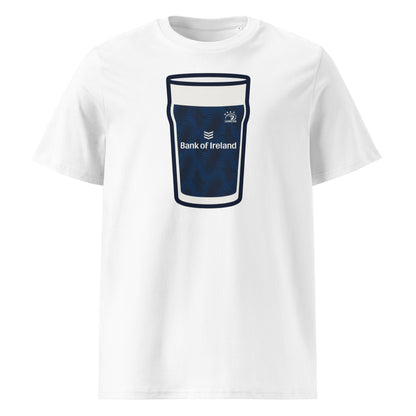 White Leinster Europe Mega Pint Rugby T-Shirt with dark navy textured pint glass graphic, Leinster crest and Bank of Ireland text.