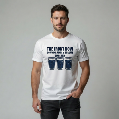 Male model wearing a Leinster Europe rugby t-shirt featuring a front row downing pints and scrums since 1879 graphic.