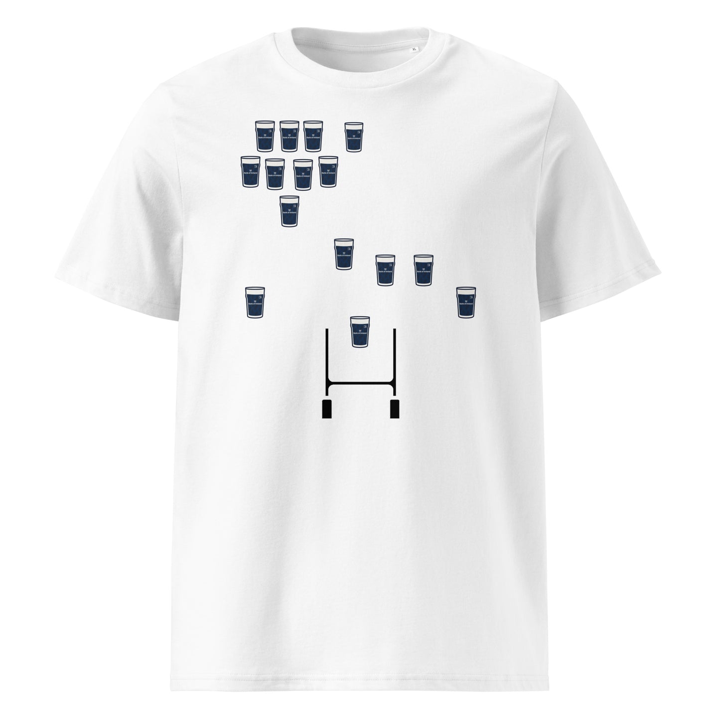 White Leinster rugby t-shirt featuring navy pint glasses arranged in a rugby team formation above rugby posts.