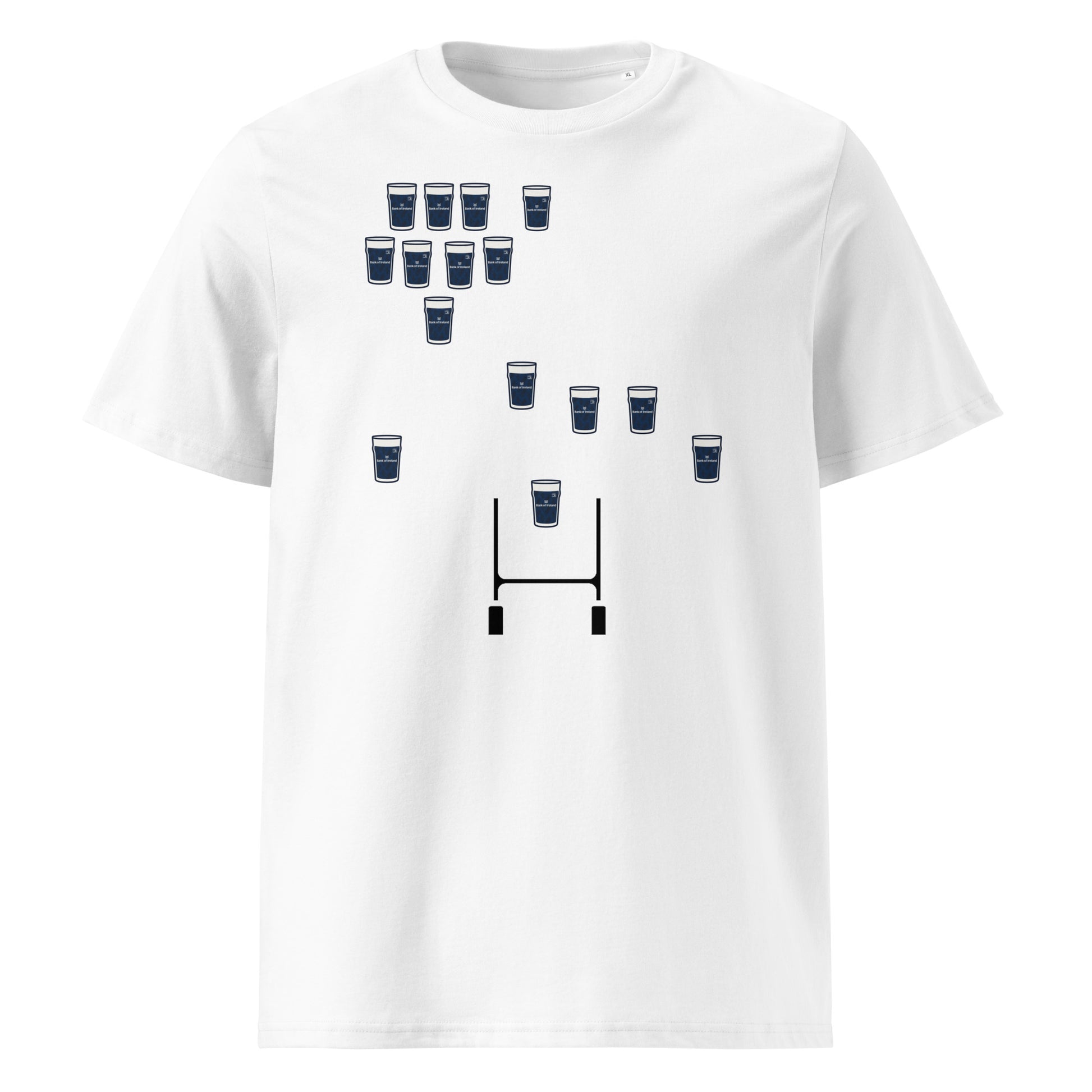 White Leinster rugby t-shirt featuring navy pint glasses arranged in a rugby team formation above rugby posts.