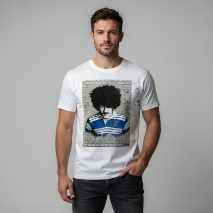 Male model wearing a Leinster Legends Bassline Rebel rugby t-shirt featuring Phil Lynott in a retro Leinster rugby jersey.