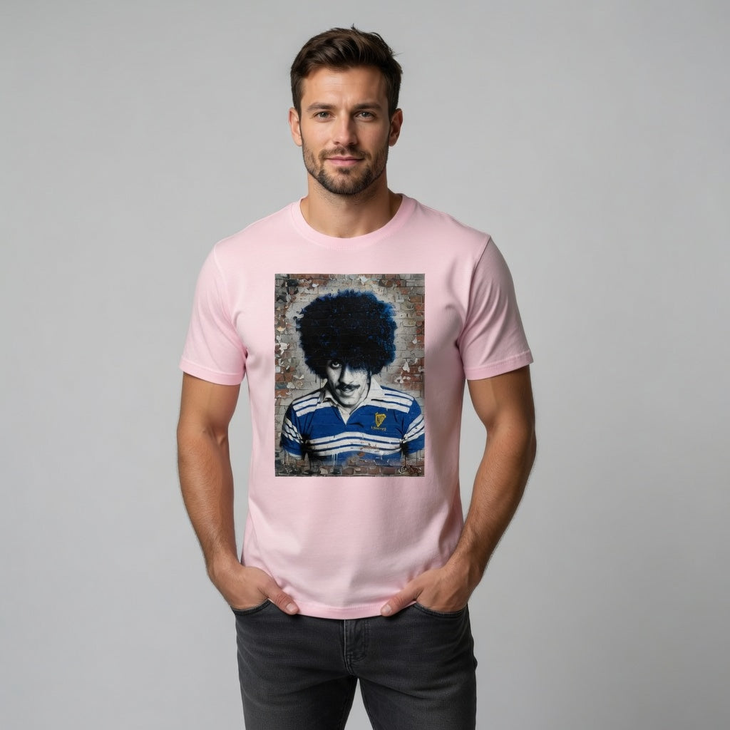 Male model wearing a Leinster Legends Phil Lynott Rock Poet tee with a red brick wall street-art style graphic.