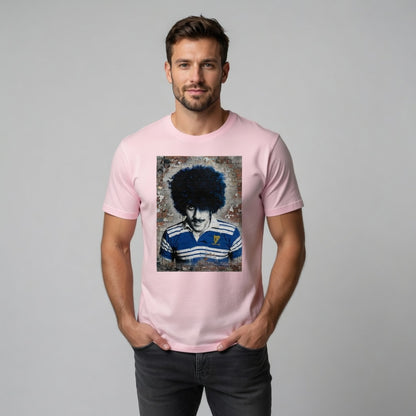 Male model wearing a Leinster Legends Phil Lynott Rock Poet tee with a red brick wall street-art style graphic.