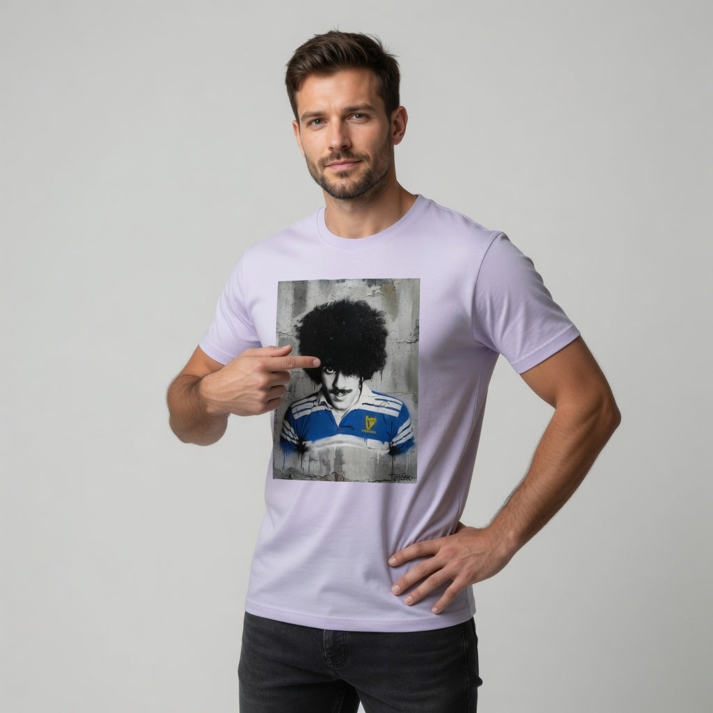 Male model wearing a Leinster Legends Phil Lynott rugby tee featuring retro Leinster kit artwork.