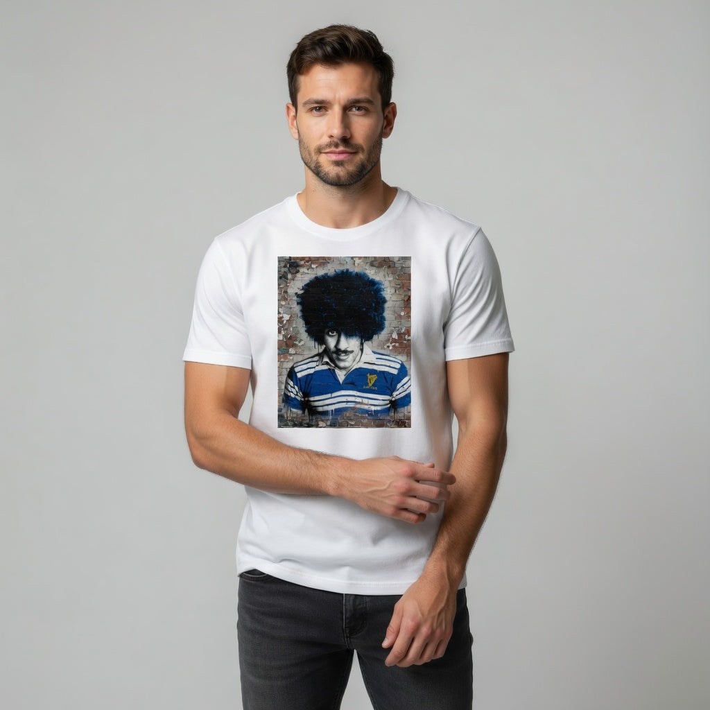 Male model wearing a Leinster Legends Rock Poet rugby t-shirt featuring Phil Lynott artwork on a red brick wall.