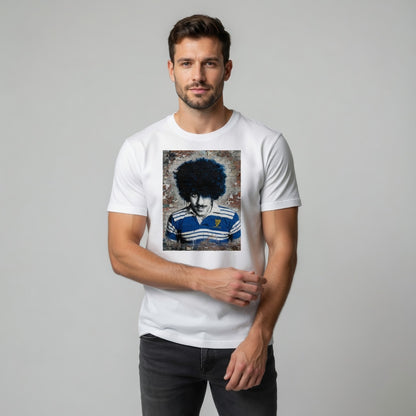 Male model wearing a Leinster Legends Rock Poet rugby t-shirt featuring Phil Lynott artwork on a red brick wall.
