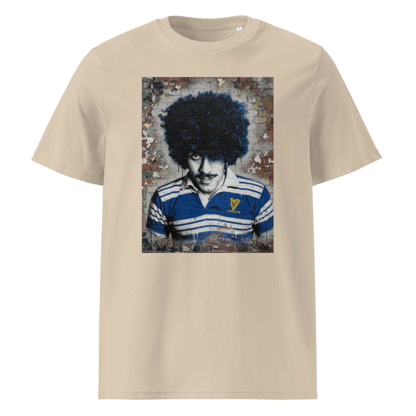 Leinster Legends Rock Poet rugby desert dust  t-shirt featuring Phil Lynott artwork on a red brick wall.