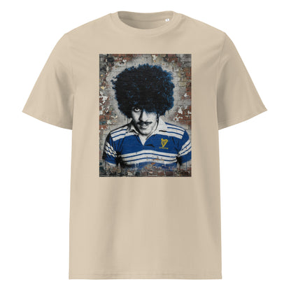 Leinster Legends Rock Poet rugby desert dust  t-shirt featuring Phil Lynott artwork on a red brick wall.