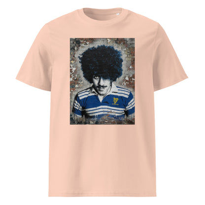 Leinster Legends Rock Poet rugby fraiche peche  t-shirt featuring Phil Lynott artwork on a red brick wall.