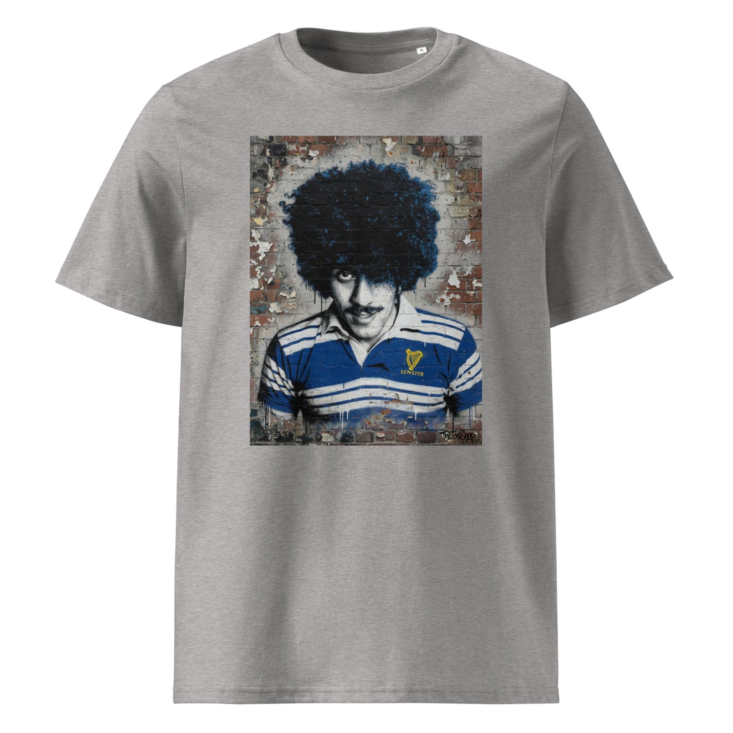 Leinster Legends Rock Poet rugby heather grey t-shirt featuring Phil Lynott artwork on a red brick wall.